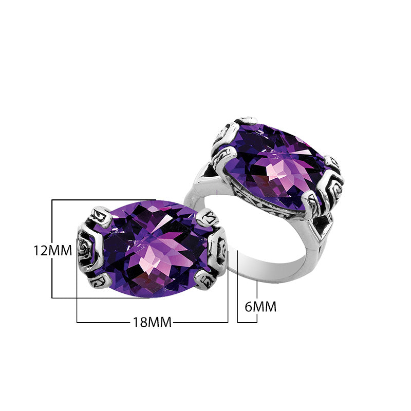 Sterling silver Balinese design ring with oval shape Amethyst Quartz stone