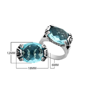 Sterling silver Balinese design ring with oval shape Blue Topaz Quartz stone
