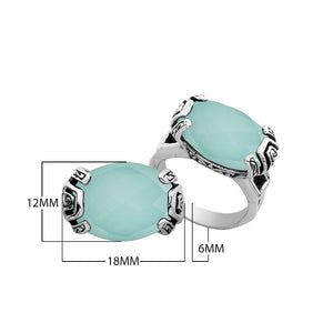 Sterling silver Balinese design ring with oval shape Green Chalcedony Quartz stone