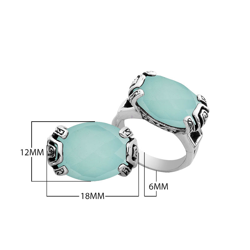 Sterling silver Balinese design ring with oval shape Green Chalcedony Quartz stone