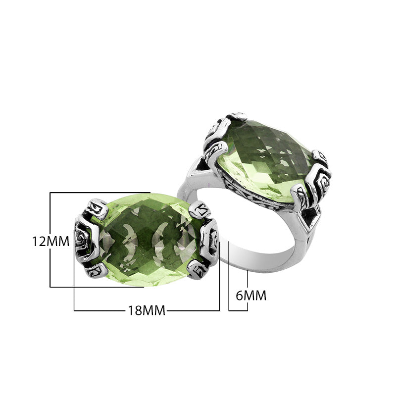 Sterling silver Balinese design ring with oval shape Green Amethyst Quartz stone