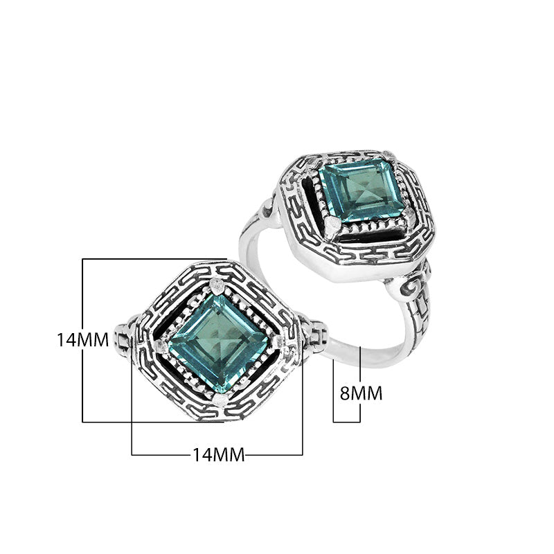 Sterling silver Balinese design ring with square shape Blue Topaz Quartz stone
