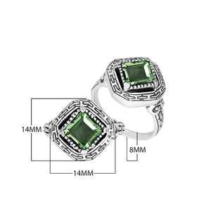 Sterling silver Balinese design ring with square shape Green Amethyst Quartz stone