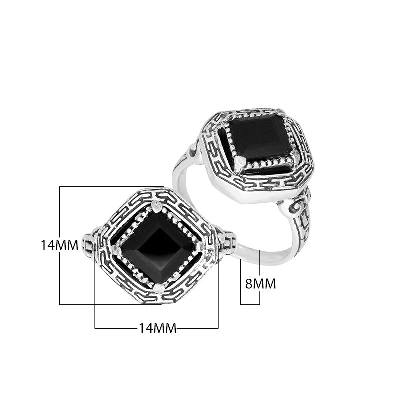 Sterling silver Balinese design ring with square shape Black Onyx stone