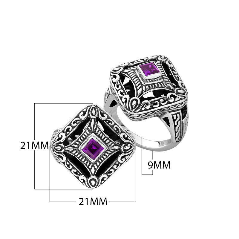 Sterling silver cushion shape ring with Amethyst Quartz in Balinese design