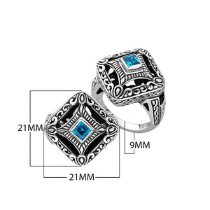 Sterling silver cushion shape ring with Blue Topaz Quartz in Balinese design