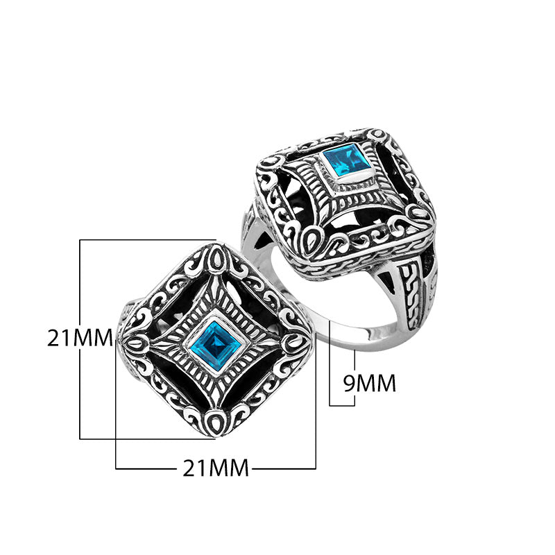 Sterling silver cushion shape ring with Blue Topaz Quartz in Balinese design