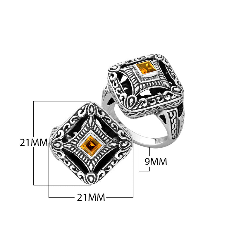 Sterling silver ornate square face ring with Citrine Quartz in Balinese design