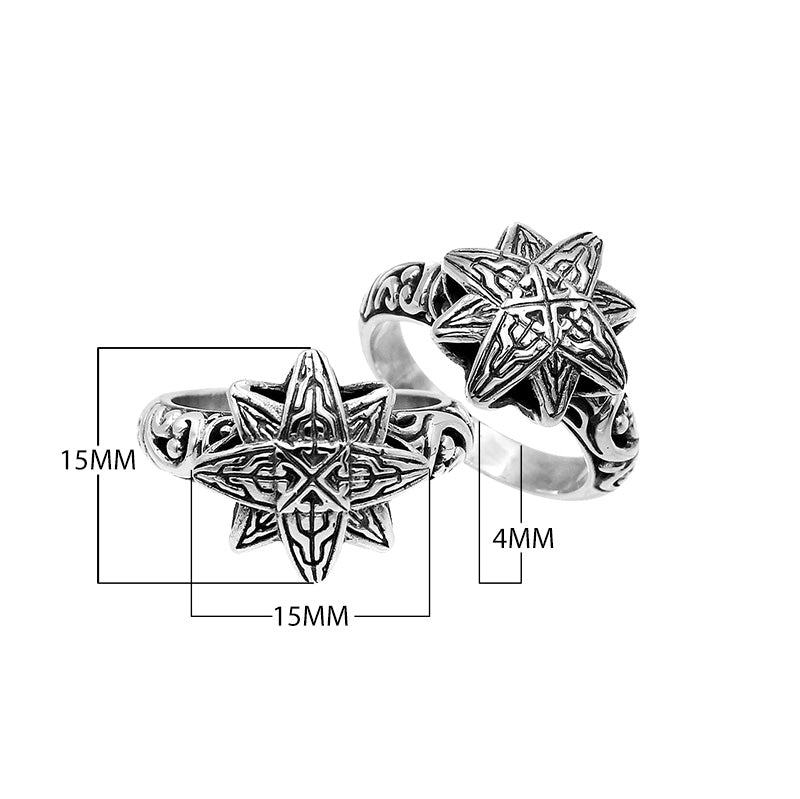 Sterling silver eight point star ring in Balinese engraved design