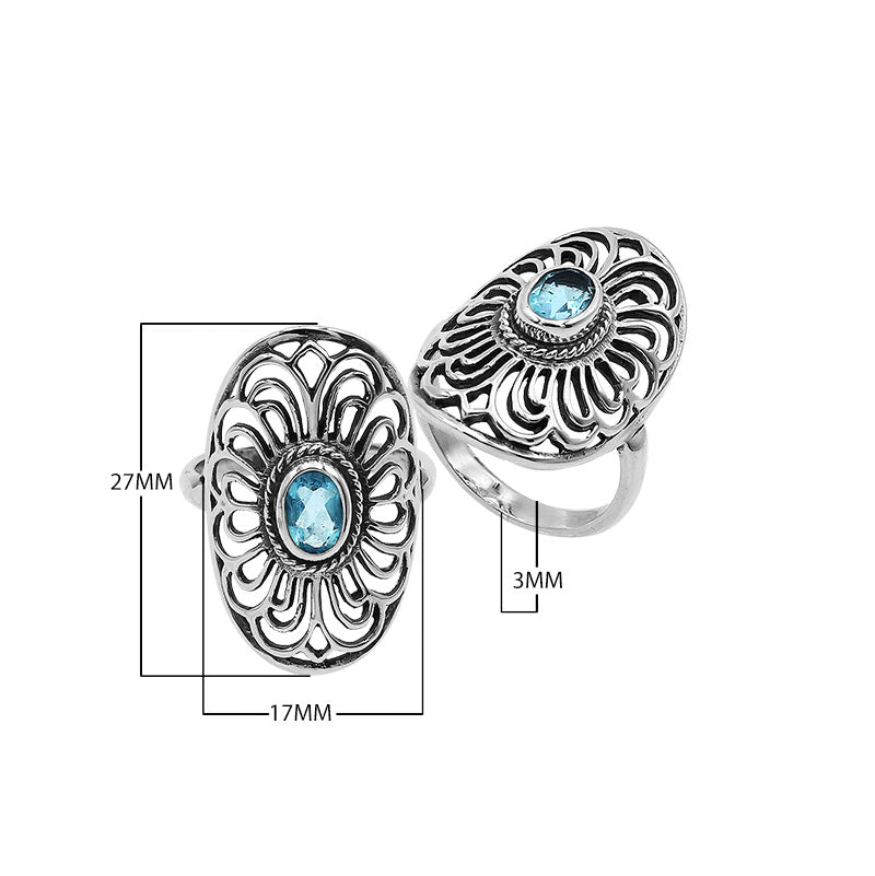 Sterling Silver Oval Shape Ring With Blue Topaz Quartz In Balinese Designer Style