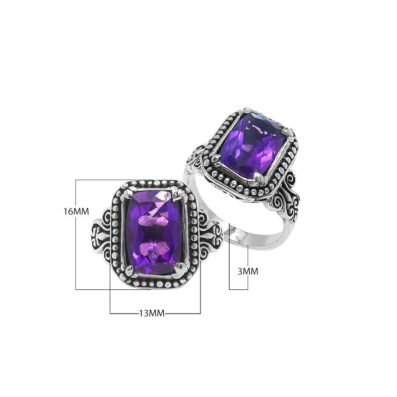 Sterling Silver Rectangular Ring With Amethyst Quartz In Balinese Designer Setting