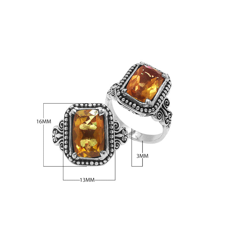 Sterling Silver Rectangular Ring With Citrine Quartz In Balinese Designer Setting