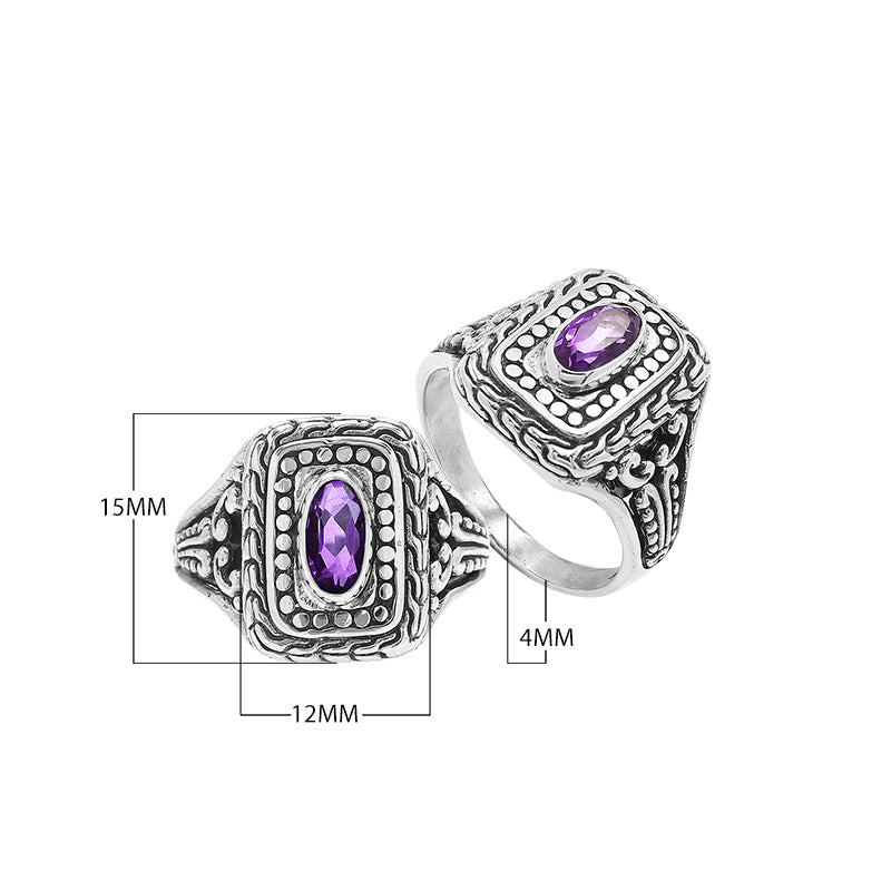 Sterling Silver Rectangular Ring With Amethyst Quartz In Balinese Designer Pattern