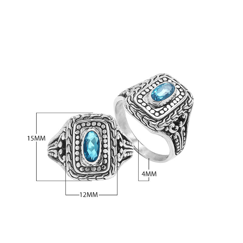 Sterling Silver Rectangular Ring With Blue Topaz Quartz In Balinese Designer Pattern