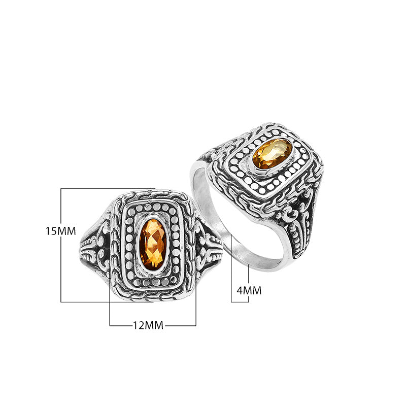Sterling Silver Rectangular Ring With Citrine Quartz In Balinese Designer Pattern