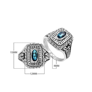 Sterling Silver Rectangular Ring With London Blue Topaz Quartz In Balinese Designer Pattern