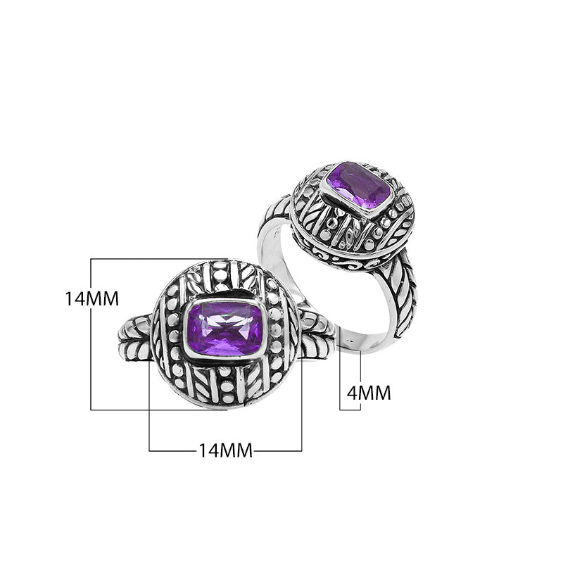 Sterling Silver Round Designer Ring With Amethyst Quartz In Balinese Beaded Pattern