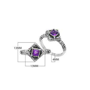 Sterling Silver Balinese Diamond Shape Ring With Amethyst Quartz For Wholesale