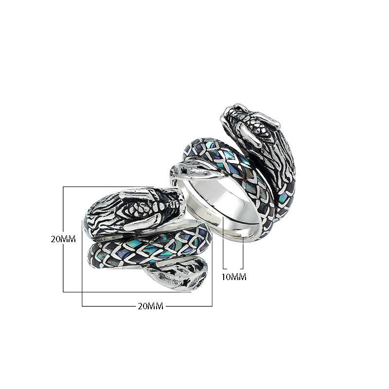 Sterling Silver Dragon Wrap Ring With Abalone Shell Inlay And Oxidized Finish