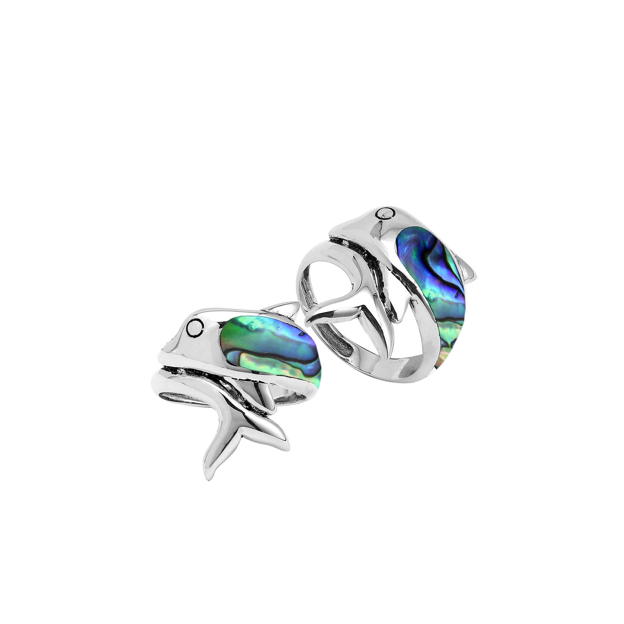 Sterling Silver Dolphin Ring With Abalone Shell Inlay And Polished Finish