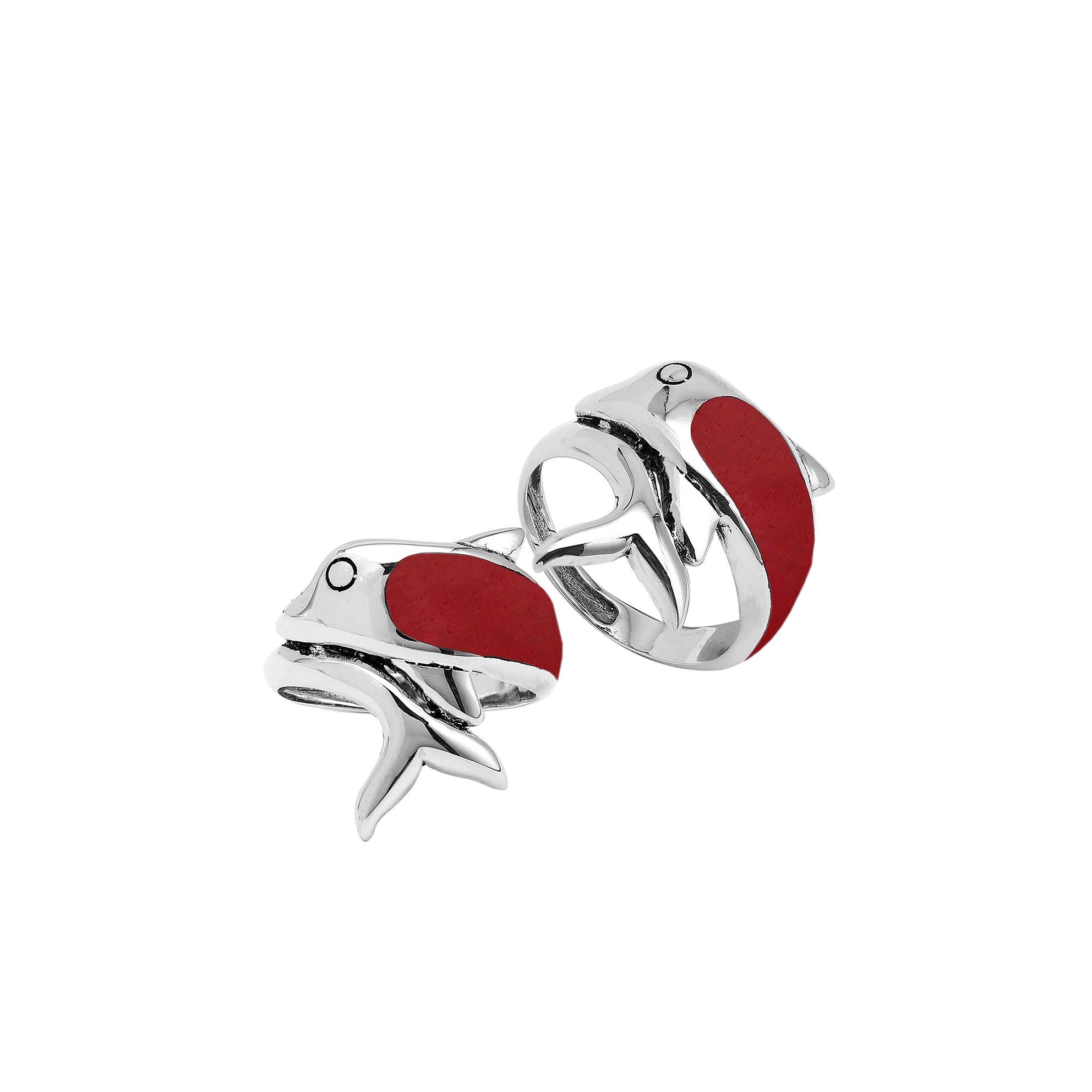 Sterling Silver Dolphin Ring With Red Coral Inlay And Polished Finish