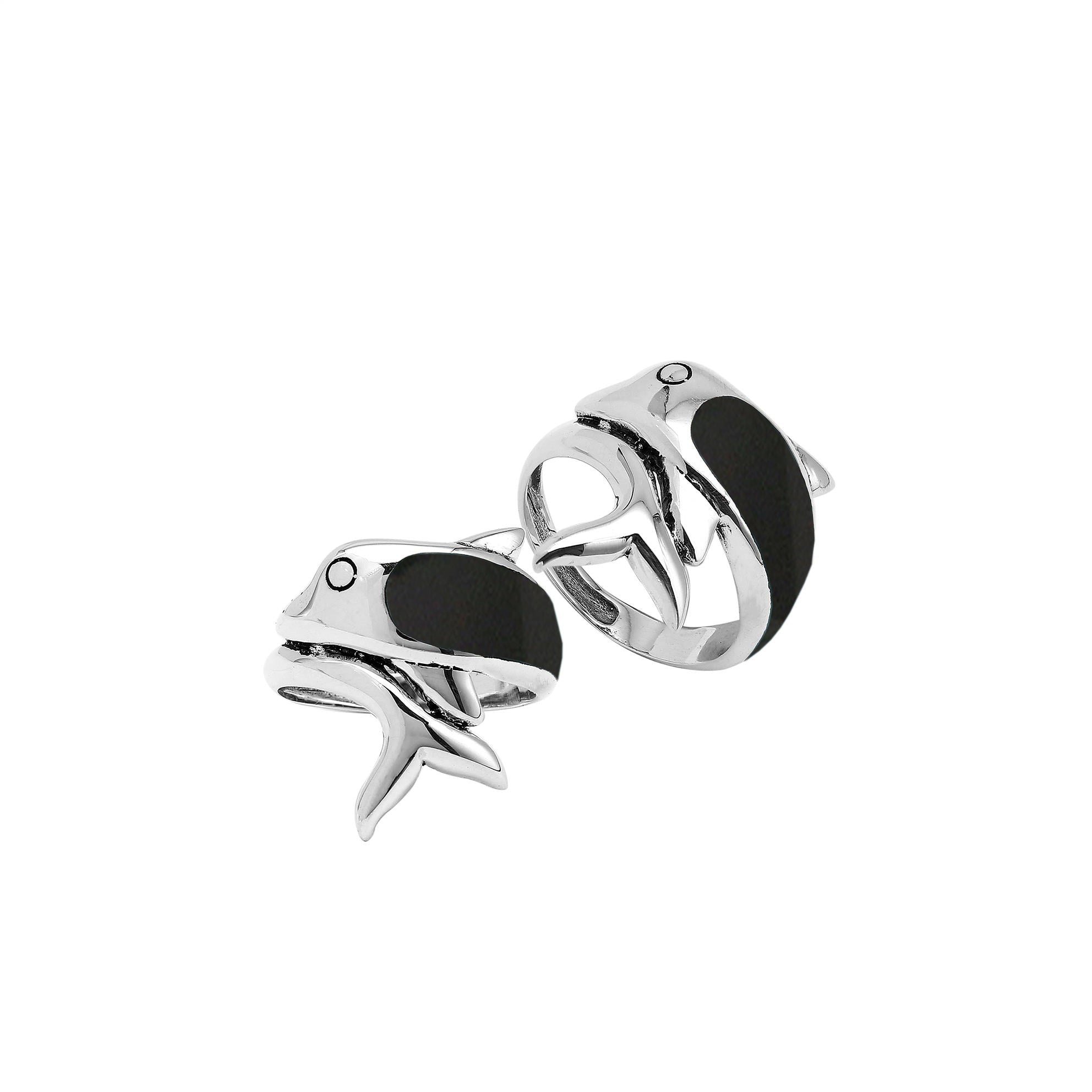 Sterling Silver Dolphin Ring With Black Shell Inlay And Polished Finish