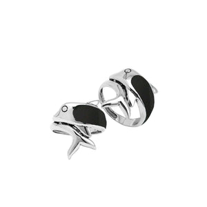 Sterling Silver Dolphin Ring With Black Shell Inlay And Polished Finish