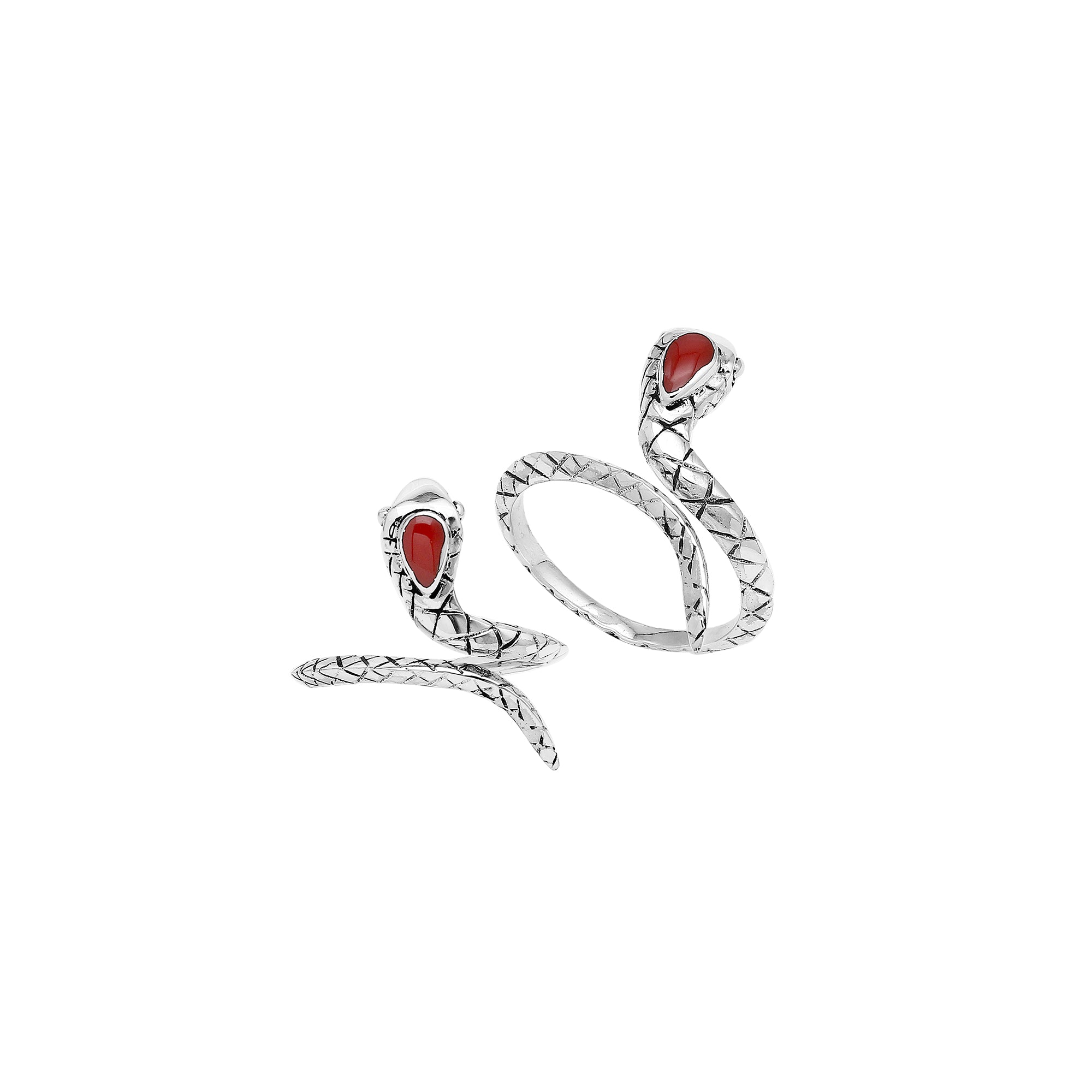 Sterling Silver Snake Wrap Ring With Red Coral And Polished Finish
