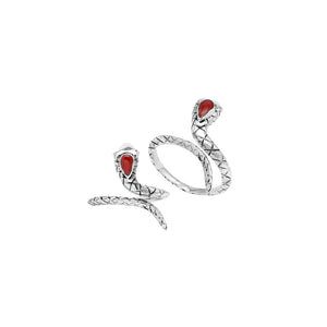 Sterling Silver Snake Wrap Ring With Red Coral And Polished Finish