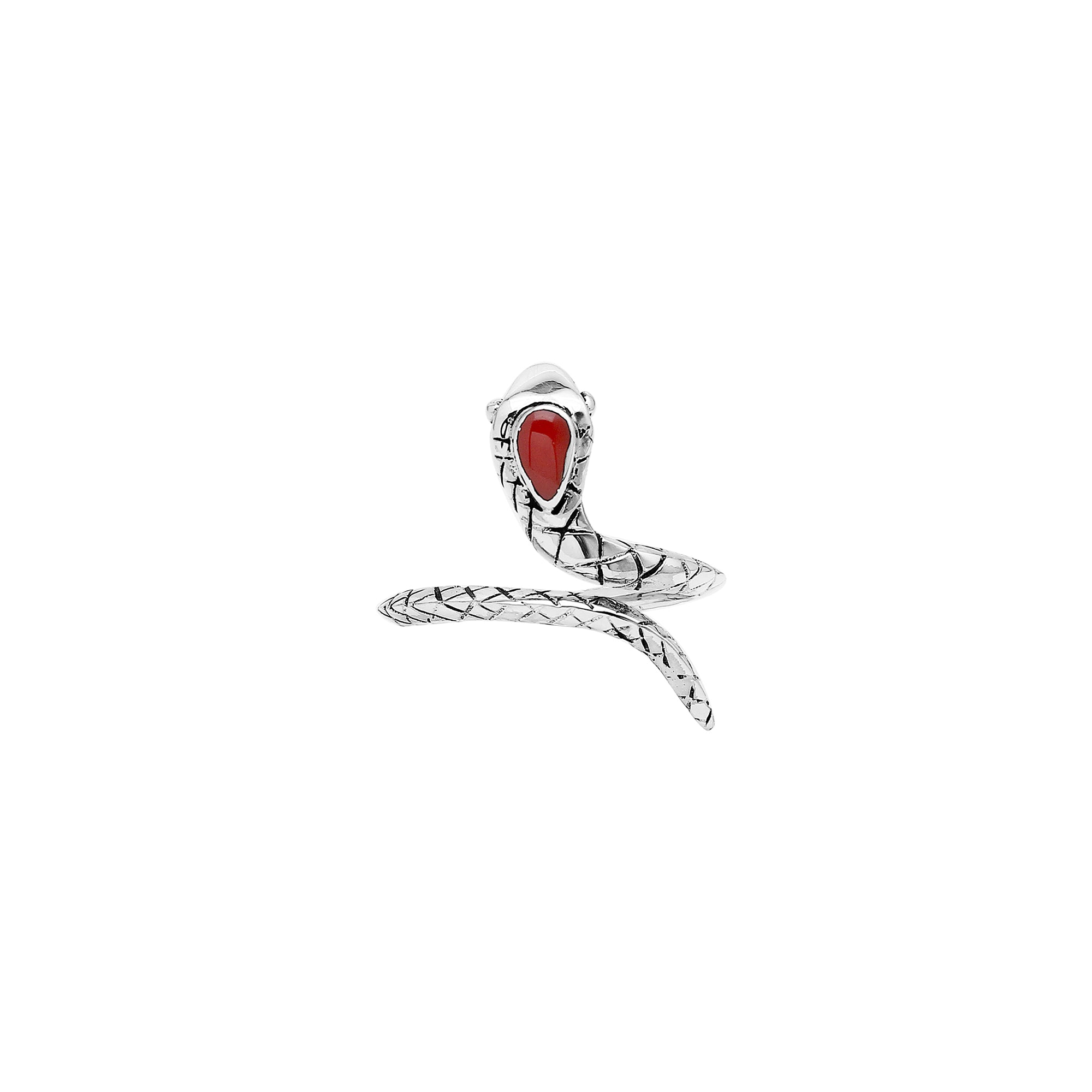 Sterling Silver Snake Wrap Ring With Red Coral And Polished Finish