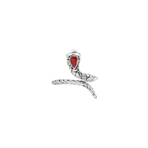 Sterling Silver Snake Wrap Ring With Red Coral And Polished Finish