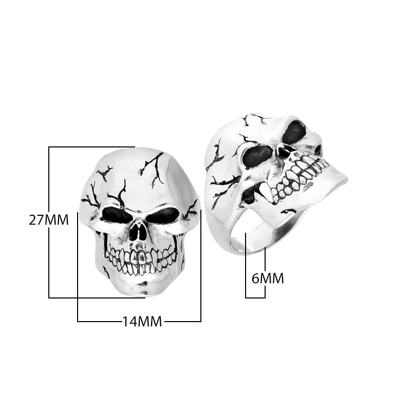 Sterling Silver Cracked Skull Ring With Oxidized Engraving And Polished Finish