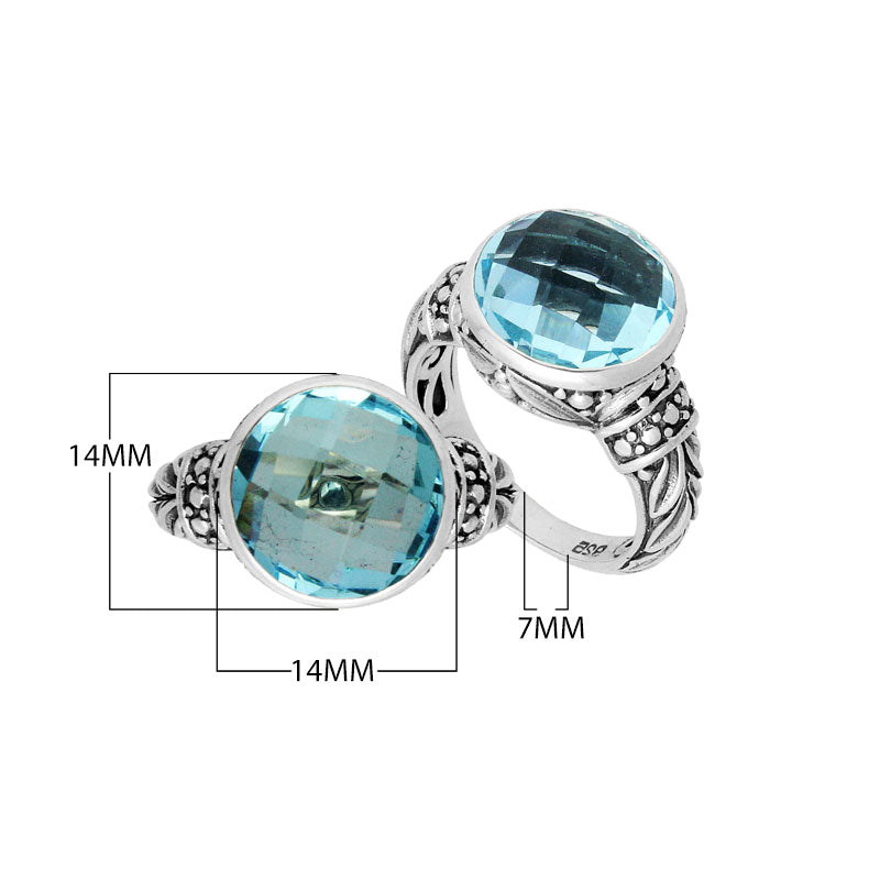Sterling Silver Round Blue Topaz Quartz Ring With Filigree Detailing And Polished Finish