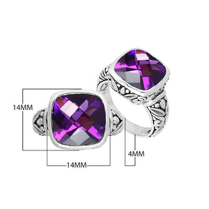 Sterling Silver Balinese Square-Cut Amethyst Quartz Ring With Engraved Band