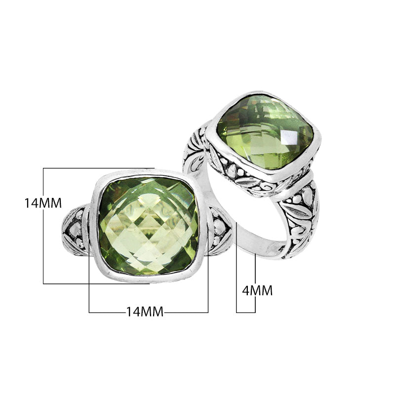 Sterling Silver Balinese Square-Cut Green Amethyst Quartz Ring With Engraved Band