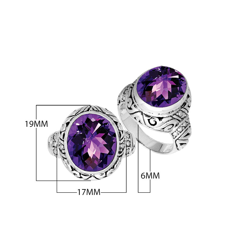Sterling Silver Amethyst Quartz Ring With Balinese Engraved Band