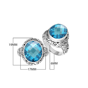Sterling Silver Blue Topaz Quartz Ring With Balinese Engraved Band