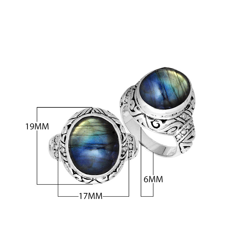 Sterling Silver Labradorite Ring With Balinese Engraved Band
