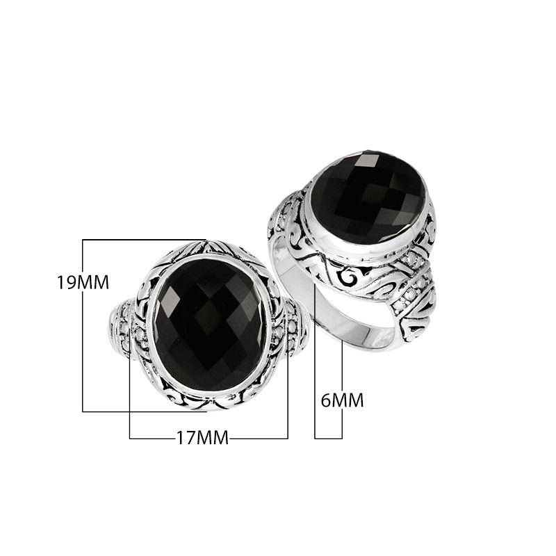 Sterling Silver Black Onyx Quartz Ring With Balinese Engraved Band