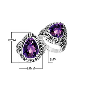 Sterling Silver Amethyst Quartz Ring With Balinese Leaf Engraved Band