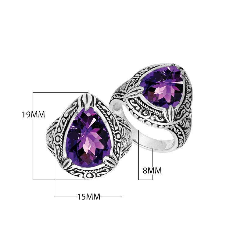 Sterling Silver Amethyst Quartz Ring With Balinese Leaf Engraved Band