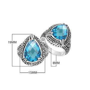 Sterling Silver Blue Topaz Quartz Ring With Balinese Engraved Band