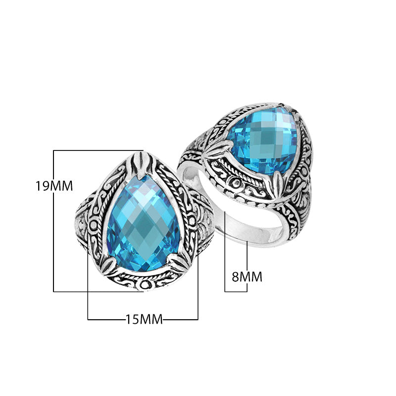Sterling Silver Blue Topaz Quartz Ring With Balinese Engraved Band