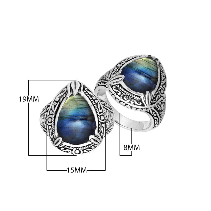 Sterling Silver Labradorite Ring With Balinese Engraved Band