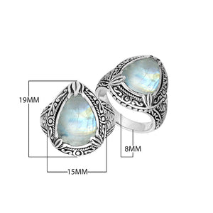 Sterling Silver Rainbow Moonstone Ring With Balinese Engraved Band