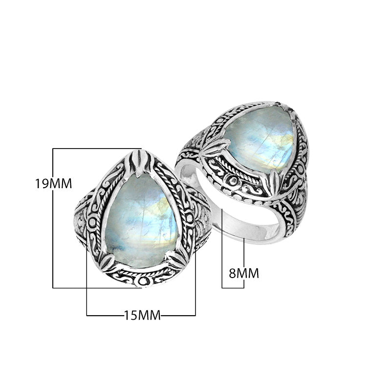 Sterling Silver Rainbow Moonstone Ring With Balinese Engraved Band