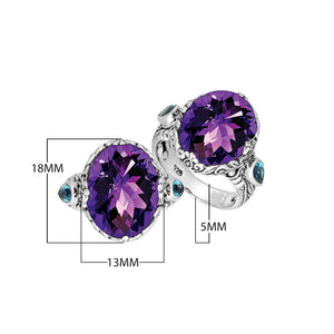 Sterling Silver Amethyst Quartz Oval Shape Ring With Balinese Engraved Band
