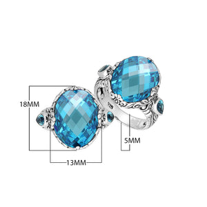 Sterling Silver Blue Topaz Quartz Oval Shape Ring With Balinese Engraved Band