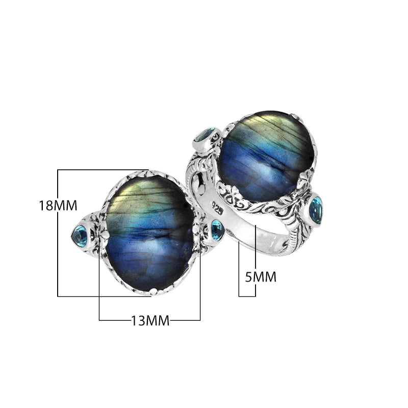 Sterling Silver Labradorite Oval Shape Ring With Balinese Engraved Band