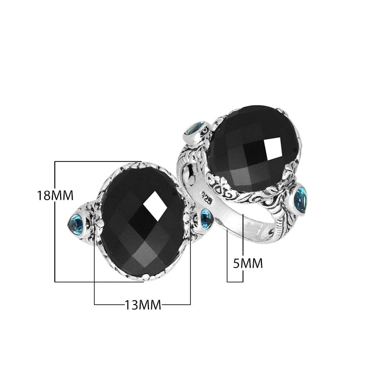 Sterling Silver Black Onyx Quartz Oval Shape Ring With Balinese Engraved Band